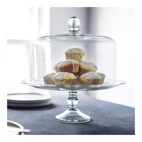  Libbey Selene Glass Cake Stand with Dome Lid, Elegant Curved Footed Glass Cake Holder, Covered Cake Stand, Versatile Glass Dome