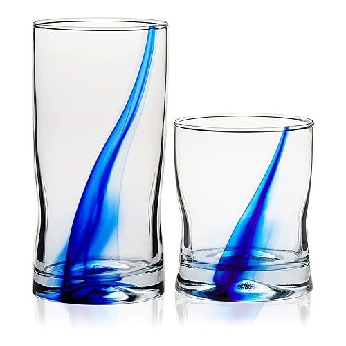  Libbey 99104 Blue Ribbon Tumbler and Rocks Glass Set, (Set of 16 Piece) Drinkware Glasses Set, Clear Dishwasher Safe Rock and Tumbler Glasses Set