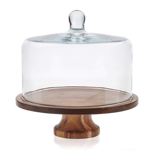  Libbey Acaciawood Footed Round Wood Server Cake Stand with Glass Dome