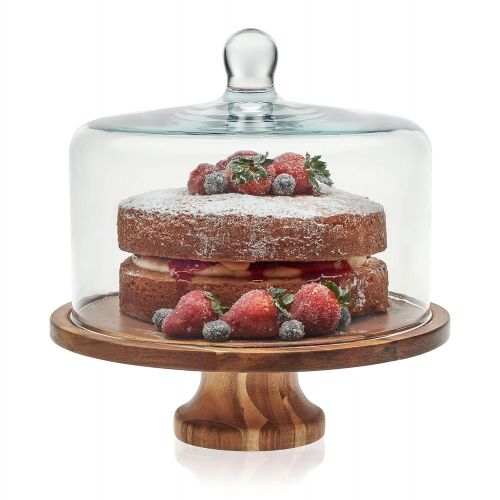  Libbey Acaciawood Footed Round Wood Server Cake Stand with Glass Dome