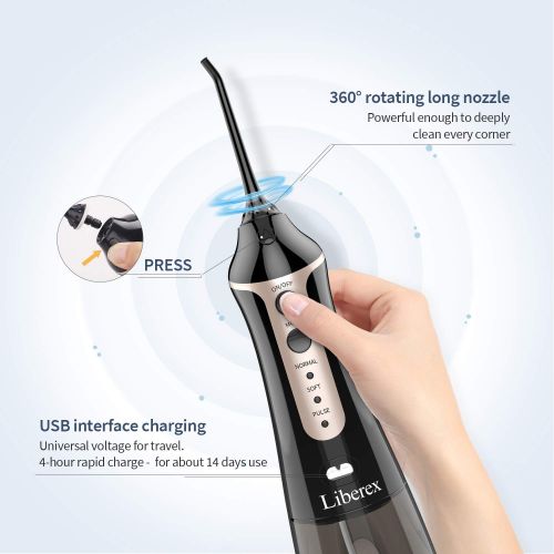  Cordless Water Flosser with 5 Jet Nozzles - Liberex IPX7 Waterproof Oral Irrigator 300ml Reservoir 3-Mode Dental Care Water Jet for TeethBraces, USB Rechargeable, for Family Trave