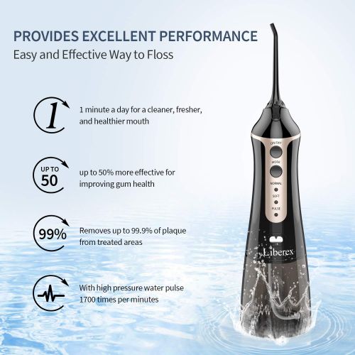  Cordless Water Flosser with 5 Jet Nozzles - Liberex IPX7 Waterproof Oral Irrigator 300ml Reservoir 3-Mode Dental Care Water Jet for TeethBraces, USB Rechargeable, for Family Trave