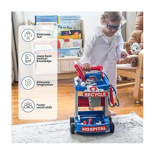  Liberry Doctor Kit for Kids Aged 3 4 5, Pretend Doctor Playset for Toddlers with Cart, Costume and Stethoscope, Role Play Medical Toy for Girls Boys
