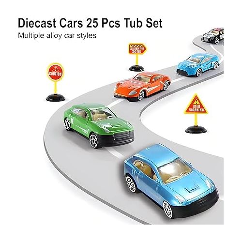 리버티임포트 25 Piece Diecast Cars Pack Toy Playset in Storage Carrying Tub - 1:64 Scale Metal Alloy Die-cast Vehicles Collection for Kids