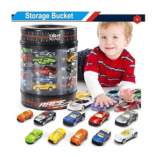 리버티임포트 25 Piece Diecast Cars Pack Toy Playset in Storage Carrying Tub - 1:64 Scale Metal Alloy Die-cast Vehicles Collection for Kids