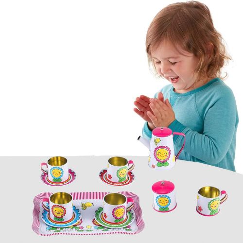 리버티임포트 Liberty Imports Happy Sunflower Garden Picnic Tin Tea Party Set for Kids - Metal Teapot and Cups Kitchen Playset