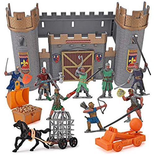 리버티임포트 Liberty Imports Medieval Castle Knights Action Figure Toy Army Playset with Assemble Castle, Catapult and Horse-Drawn Carriage (Bucket of 8 Soldier Figurines)