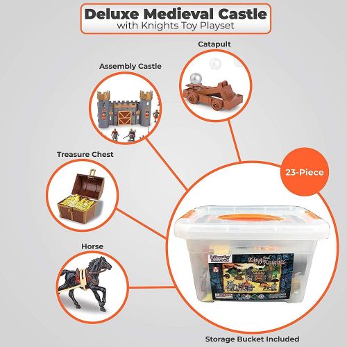 리버티임포트 Liberty Imports Medieval Castle Knights Action Figure Toy Army Playset with Assemble Castle, Catapult and Horse-Drawn Carriage (Bucket of 8 Soldier Figurines)