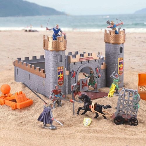 리버티임포트 Liberty Imports Medieval Castle Knights Action Figure Toy Army Playset with Assemble Castle, Catapult and Horse-Drawn Carriage (Bucket of 8 Soldier Figurines)