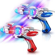 2 Pack Electric Toy Space Guns, Red & Blue Space Ranger Blaster Pistols for Kids Pretend Play with Flashing LED Lights and Blasting Laser FX Sound Effects