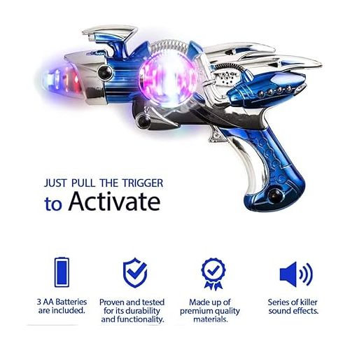 리버티임포트 2 Pack Electric Toy Space Guns, Red & Blue Space Ranger Blaster Pistols for Kids Pretend Play with Flashing LED Lights and Blasting Laser FX Sound Effects