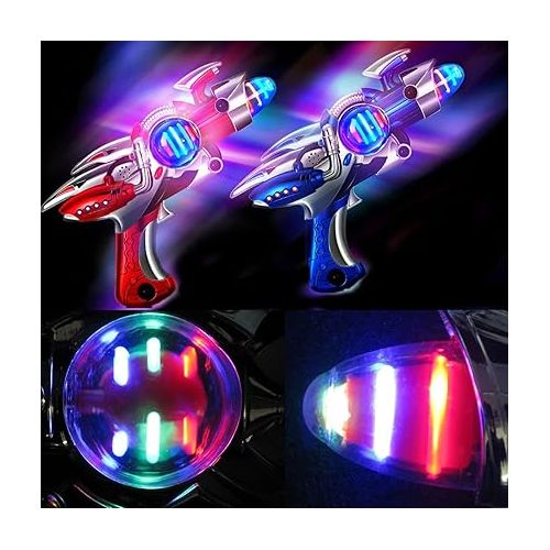 리버티임포트 2 Pack Electric Toy Space Guns, Red & Blue Space Ranger Blaster Pistols for Kids Pretend Play with Flashing LED Lights and Blasting Laser FX Sound Effects