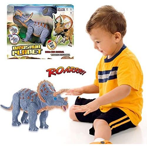 리버티임포트 [아마존베스트]Liberty Imports Dino Planet Remote Control RC Walking Dinosaur Toy with Shaking Head, Light Up Eyes and Sounds (Triceratops)