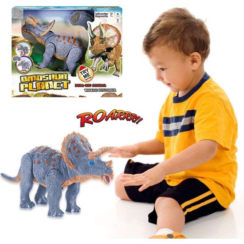 리버티임포트 [아마존베스트]Liberty Imports Dino Planet Remote Control RC Walking Dinosaur Toy with Shaking Head, Light Up Eyes and Sounds (Triceratops)