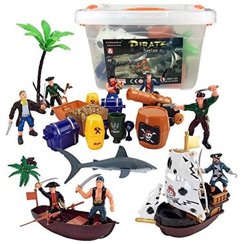 리버티임포트 [아마존베스트]Liberty Imports Bucket of Pirate Action Figures Playset with Boat, Treasure Chest, Cannons, Shark, Pirate Ship, and More!