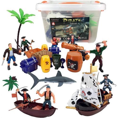 리버티임포트 [아마존베스트]Liberty Imports Bucket of Pirate Action Figures Playset with Boat, Treasure Chest, Cannons, Shark, Pirate Ship, and More!