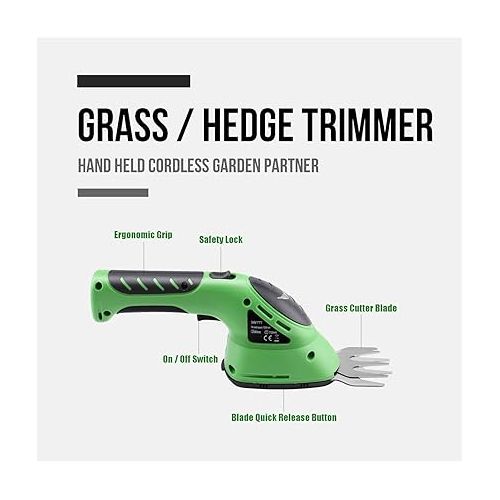  Lichamp 2-in-1 Electric Hand Held Grass Shear Hedge Trimmer Shrubbery Clipper Cordless Battery Powered Rechargeable for Garden and Lawn, CGS-3602 Grass Green