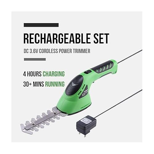  Lichamp 2-in-1 Electric Hand Held Grass Shear Hedge Trimmer Shrubbery Clipper Cordless Battery Powered Rechargeable for Garden and Lawn, CGS-3602 Grass Green