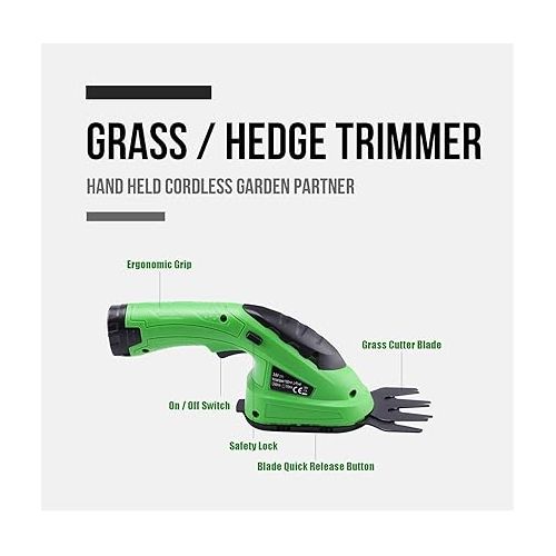  Lichamp 2-in-1 Electric Hand Held Grass Shear Hedge Trimmer Shrubbery Clipper Cordless Battery Powered Rechargeable for Garden and Lawn, CGS-3601 Grass Green