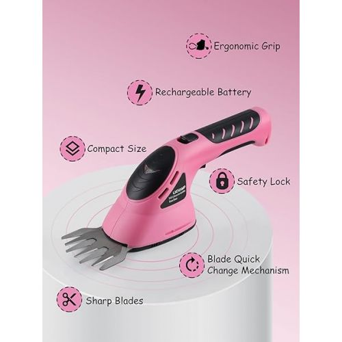  Lichamp 2-in-1 Electric Hand Held Grass Shear Pink Hedge Trimmer Shrubbery Clipper Cordless Battery Powered Rechargeable for Garden and Lawn, CGS3602PK Pink