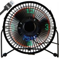 Small Desk Fan with Clock and Temperature Display, Lichamp 7 Inch Metal Frame USB Powered Flashing LED Display Electric Little Personal Cooling Fan, Quiet Table Fan with 5 Feet USB