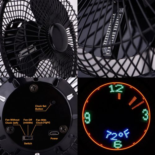  Small Desk Fan with Clock and Temperature Display, Lichamp 7 Inch Metal Frame USB Powered Flashing LED Display Electric Little Personal Cooling Fan, Quiet Table Fan with 5 Feet USB