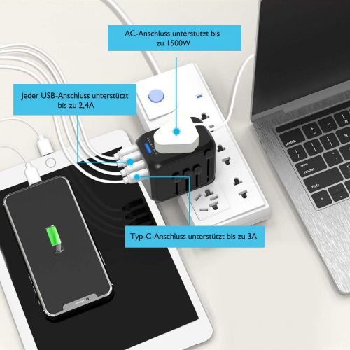  [아마존 핫딜]  [아마존핫딜]Licheers licheers Universal Reiseadapter, Reisetecker mit 1 Typ-C und 3 USB-Anschluesse fuer weltweit ueber 200 Lander wie die USA, Italien, England, Australien, Thailand, Indien und mehr