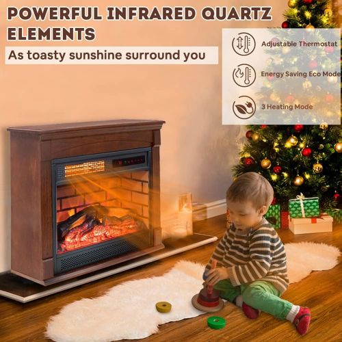  LifePlus Electric Fireplace Mantel Heater 27 Freestanding, Wooden Infrared Quartz for Indoor Use with Logs Set Realistic Flame Effect, Remote Control & 12H Timer Overheat Auto Shut Off Ther