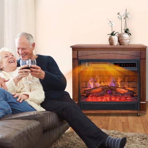  LifePlus Wood Electric Fireplace Mantel Heater, 27 Indoor Freestanding Fireplace Stove Infrared Heater with Log Set Adjustable Led Flame Remote Control Wheels Digital Display 3 Heater Mode,