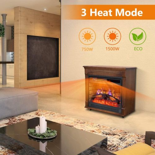  LifePlus Wood Electric Fireplace Mantel Heater, 27 Indoor Freestanding Fireplace Stove Infrared Heater with Log Set Adjustable Led Flame Remote Control Wheels Digital Display 3 Heater Mode,