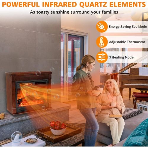  LifePlus Electric Fireplace Heater with Wooden Mantel 27”- Freestanding Infrared Space Heater with Adjustable Flame Thermostat Panel Remote Control Timer Overheat Protection for Indoor Use