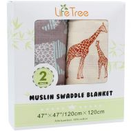 LifeTree Baby Swaddle Blankets, 2 Pack Bear & Giraffe Print Muslin Swaddle Wrap, 70% Bamboo 30% Cotton, Muslin Swaddle Blanket Unisex Neutral Receiving Blanket for Boys and Girls,