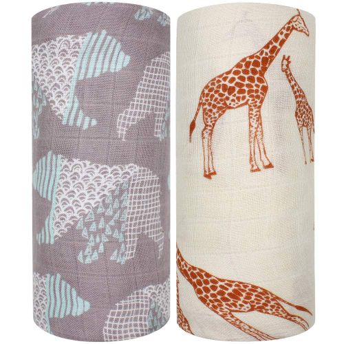  LifeTree Baby Swaddle Blankets, 2 Pack Bear & Giraffe Print Muslin Swaddle Wrap, 70% Bamboo 30% Cotton, Muslin Swaddle Blanket Unisex Neutral Receiving Blanket for Boys and Girls,