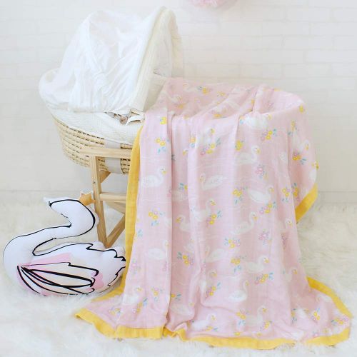  LifeTree 2 Layers Toddler Blankets, Bamboo Cotton Muslin Baby Blankets for Girls, Lightweight Soft Crib Blankets 45 x 45 inches, Baby Shower Gift, Swan Print