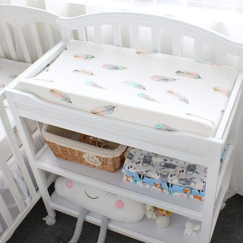  [아마존베스트]LifeTree Changing Pad Cover - Feather Print Premium Cotton Diaper Cradle Sheet for Baby Boys or Girls,Fits Standard Contoured Changing Table Pads