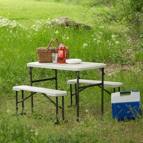 라이프타임 Lifetime 80373 Portable Folding Camping RV Picnic Table and Bench Set, Almond