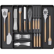 Lifewit Silverware Organizer for Kitchen Drawers, Expandable Utensil Tray with Removable Knife Block, Adjustable Cutlery and Flatware Holder, Plastic Spoon Forks Holder Storage Divider, Large, Black