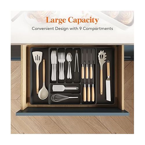  Lifewit Silverware Organizer for Kitchen Drawers, Expandable Utensil Tray with Removable Knife Block, Adjustable Cutlery and Flatware Holder, Plastic Spoon Forks Holder Storage Divider, Large, Black