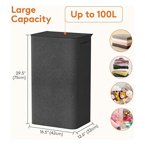  Lifewit 100L Laundry Hamper with Lid, Large Laundry Basket with Lid Handles and 2 Removable Bags, Tall Foldable Dirty Clothes Hamper for Laundry Room, Bathroom, Dorm, Bedroom, Black