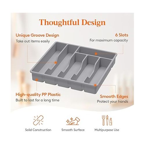  Lifewit Silverware Drawer Organizer Tray, Plastic Cutlery Storage for Kitchen Drawer, Flatware and Utensil Holder Divider for Spoons Forks Knives Tableware, 6 Compartment, Gray