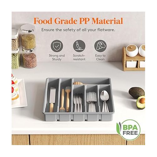  Lifewit Silverware Drawer Organizer Tray, Plastic Cutlery Storage for Kitchen Drawer, Flatware and Utensil Holder Divider for Spoons Forks Knives Tableware, 6 Compartment, Gray