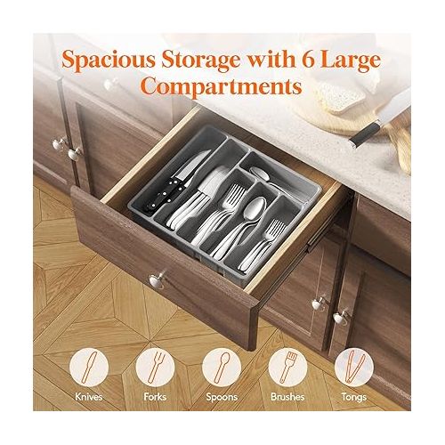  Lifewit Silverware Drawer Organizer Tray, Plastic Cutlery Storage for Kitchen Drawer, Flatware and Utensil Holder Divider for Spoons Forks Knives Tableware, 6 Compartment, Gray