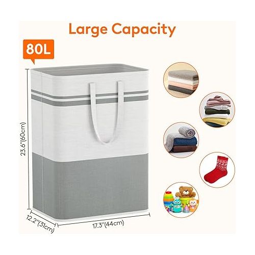  Lifewit 2 Pack 80L Large Freestanding Laundry Hamper, Collapsible Laundry Basket with Easy Carry Handles, Waterproof Tall Clothes Hamper for Laundry Dorm Bedroom Bathroom, Grey-White