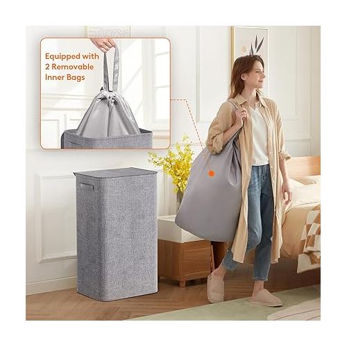  Lifewit 100L Laundry Hamper with Lid, Large Laundry Basket with Lid Handles and 2 Removable Bags, Tall Foldable Dirty Clothes Hamper for Laundry Room, Bathroom, Dorm, Bedroom, Grey