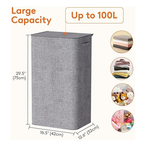  Lifewit 100L Laundry Hamper with Lid, Large Laundry Basket with Lid Handles and 2 Removable Bags, Tall Foldable Dirty Clothes Hamper for Laundry Room, Bathroom, Dorm, Bedroom, Grey