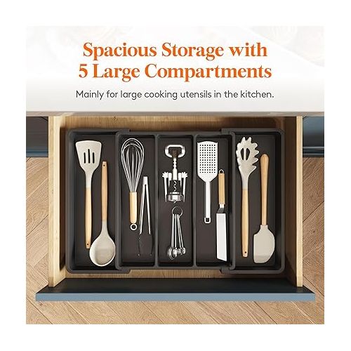  Lifewit Utensil Organizer for Kitchen Drawers, Expandable Cooking Utensil Tray, Adjustable Cutlery Silverware Flatware Holder, Plastic Kitchen Spatula Tools and Gadgets Storage Divider, Large, Black