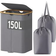Lifewit 150L Double Laundry Hamper with Lid, Large Laundry Basket with Bamboo Handles and Removable Laundry Bags, Foldable Clothes Hampers for Laundry for Bedroom, Bathroom, Dorm, Laundry Room, Grey