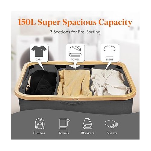  Lifewit 150L Laundry Basket with Lid 3 Section, Large Laundry Hamper with Bamboo Handles and Removable Laundry Bags, Clothes Hampers for Laundry for Bedroom, Bathroom, Dorm, Laundry Room, Dark Grey