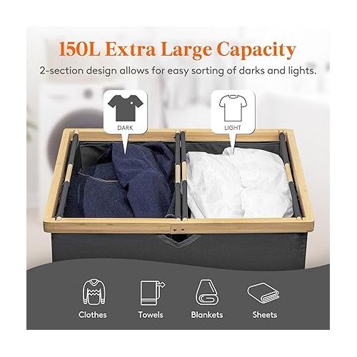  Lifewit 150L Double Laundry Hamper with Lid, Extra Large Bamboo Laundry Basket Dirty Clothes Hamper, 2 Section Laundry Bin Organizer for Laundry Room Bedroom with 2 Removable Liners & Bags, Black