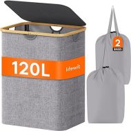 Lifewit 120L Laundry Basket with Lid, Clothes Hampers for Laundry with Bamboo Handles and A Removable Laundry Bag, Large Foldable Laundry Hamper for Bedroom, Bathroom, Dorm, Laundry Room, Light Gray